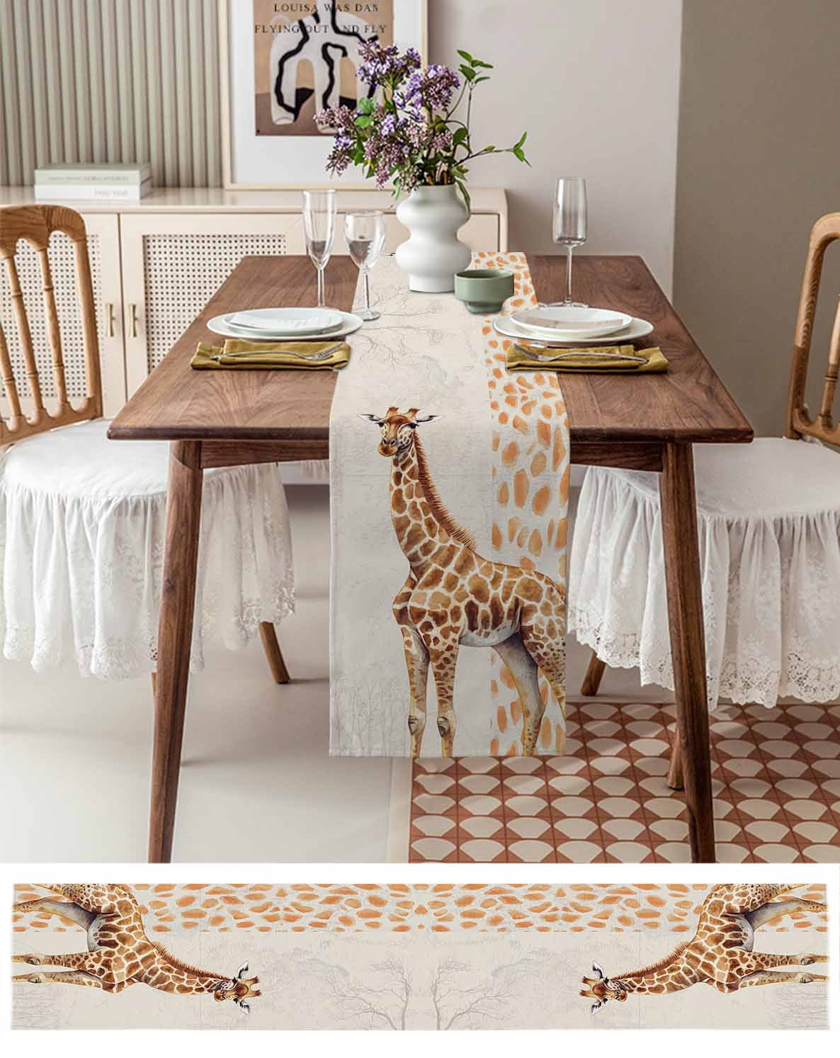 Vintage Giraffe Burlap Cotton Table Runner 14x72 Inches Long, Modern Art Animal Watercolor Farmhouse Table Runners, Outdoor Dining Tablecloths Decor for Baby Shower/Party/Wedding