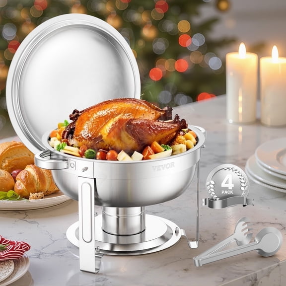 VEVOR Chafing Dish Buffet Set, 5 Qt 4 Pack, Stainless Steel Chafer with 4 Full Size Pans, Round Catering Warmer Server with Lid Water Pan Folding Stand Clip, for Weddings Parties Banquets, Silver