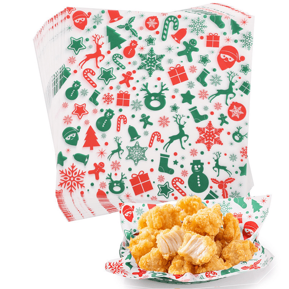 Monebena Waxed Deli Paper Sheets 100 Pcs, Merry Christmas Food Basket Liners for Sandwiches Fries 12 * 12 Inch,X'mas Burgers Deli Wrap Wax Paper Sheets Snowflakes Santa M01