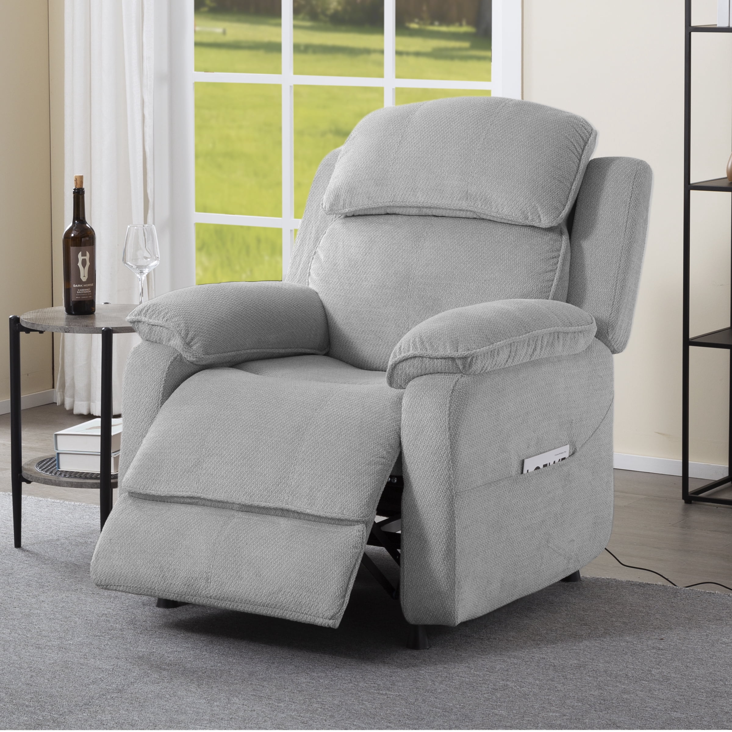 BSHTI 34.84" Power Recliner Chair with Remote, Chenille Upholstery, Ergonomic Lounge Chair for Living Room, Side Storage Pockets, and Near-Flat Recline, Light Grey