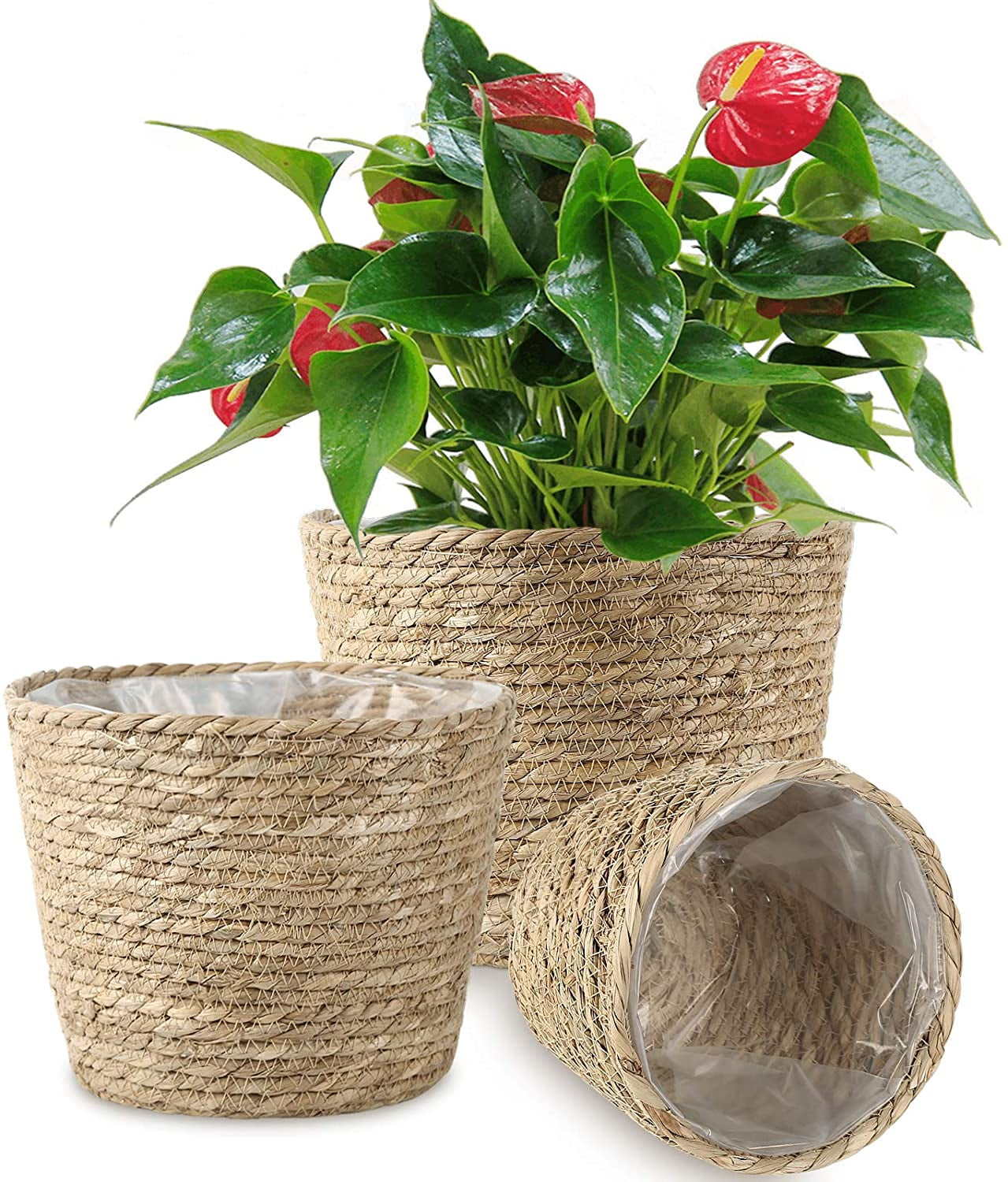 Rustic Plant Basket Woven Lined Herb Cactus Planter Flower Pot Holder Storage 