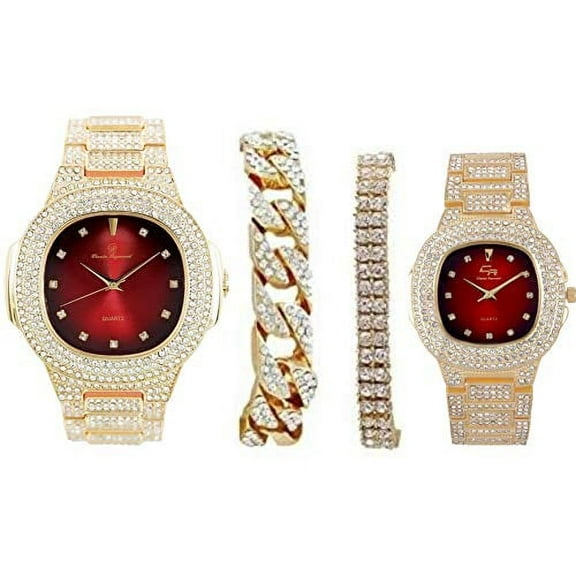 Bling'ed Out King and Queen Hip Hop Watch Set Perfect for Power Couples to Flaunt On and Off The Dance Floor - ST10325/ST10364 His&Hers (Gld Blood Red)