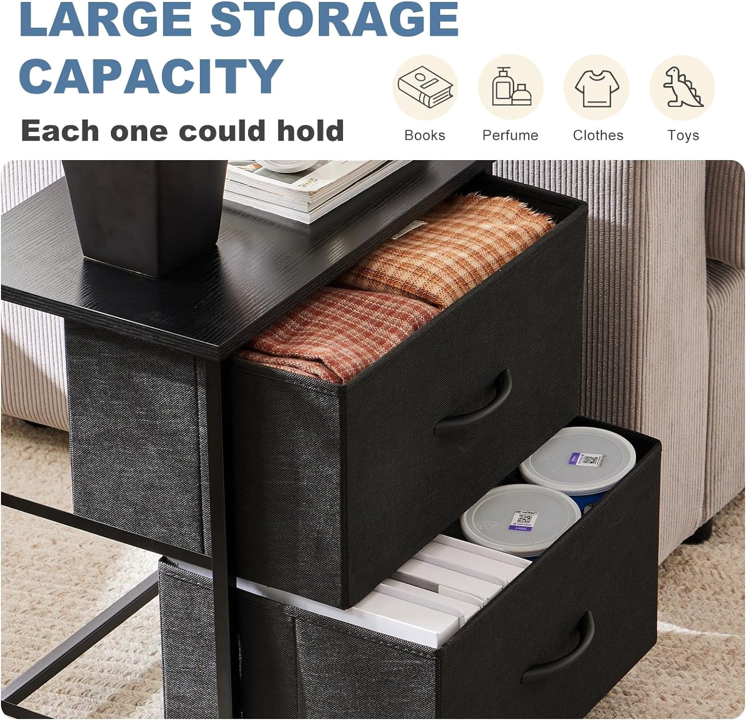 Nightstand Small Dresser with 2 Fabric Drawers Side Tables Bedroom End Table Kids Bedside Storage Furniture for 20 inch Tall Night Stand for Closet, Entryway, College Dorm,Black(1 Pack)