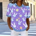 thumbnail image 2 of Easter Day Shirts for Women Denim Patchwork Eggs Rabbit Print Plus Size Short Sleeve T-shirt Holiday Tops (2XL, Purple), 2 of 6