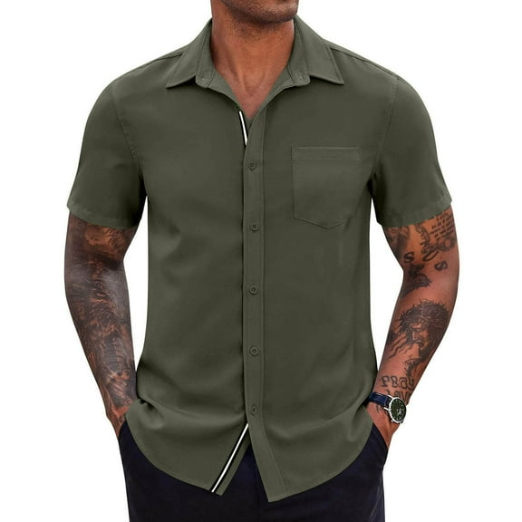 VSSSJ Men's Summer Shirts Short Sleeve Casual Button Down Shirt Regular Fit Fashion Color Block Beach Vacation Wedding Shirt Green S