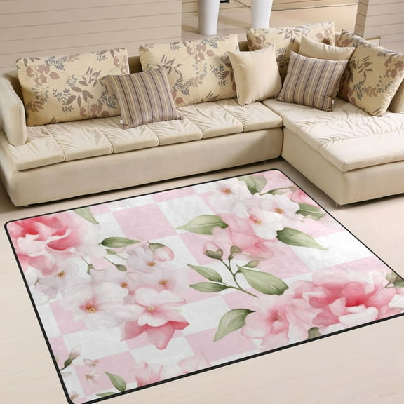 Peony Flowers Pink Area Rugs Soft Non-Slip Floor Mats Large Nursery Carpets Doormat for Living Room Bedroom Hotel Decor 63"x48"