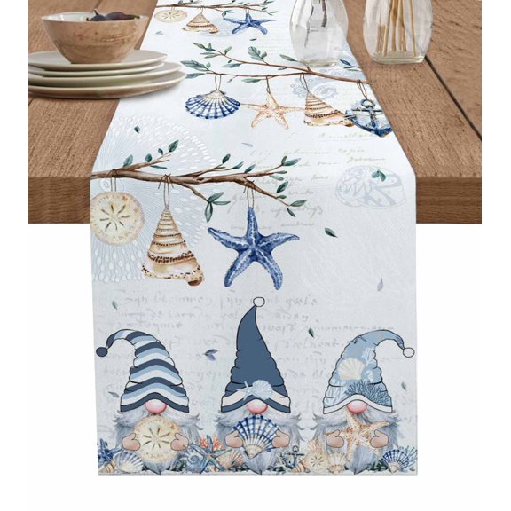 Coastal Eucalyptus Table Runner 72 Inches, Vintage Ocean Blue Gnomes Starfish Leaf Bed Runner Dresser Scarves Tabletop for Indoor Outdoor Parties/Ceremony/Banquet, 18" x 72"