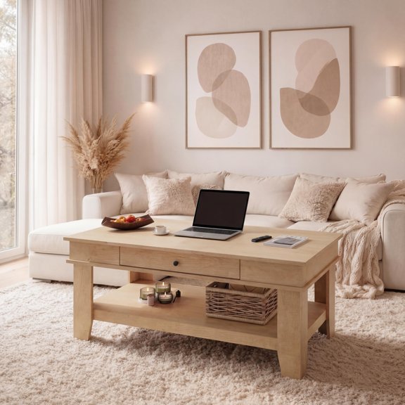 Coffee Table with Drawer, 47.2" Center Table with Storage Shelf, Farmhouse Coffee Tables Long Living Room Furniture, Sturdy and Easy to Clean