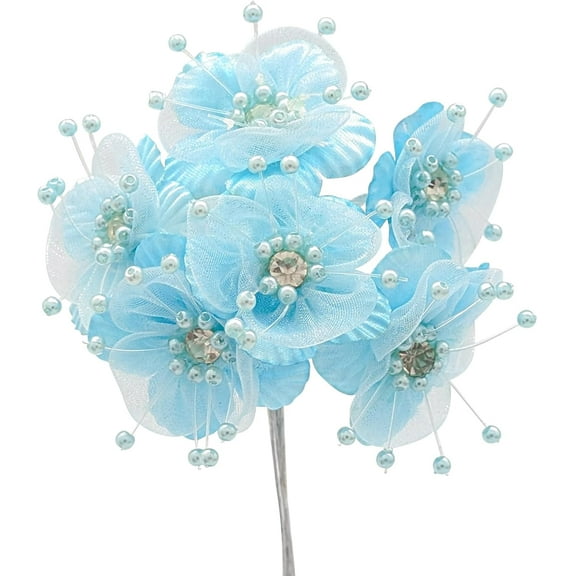 72PC Aqua Artificial Organza Flower Rhinestone Pick for Home Craft Decor DIY Wedding Bridal Veil Headband Dress Cake Topper Embellishment Scrapbook Favor Corsage Floral Bouquet Arrangement