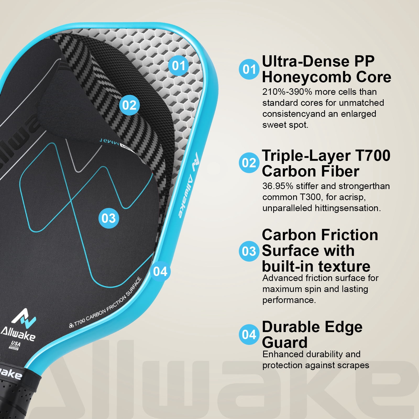 ALLWAKE Pickleball Paddles, Multi-Layer T700 Textured Carbon Fiber Pickleball Paddle, USAPA Approved Pickle Ball Paddle, Strong Power and Spin Surface