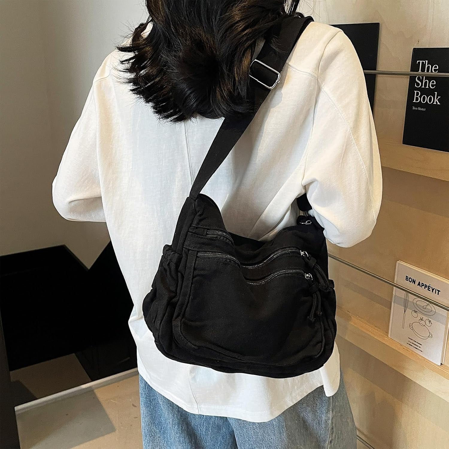 Canvas Crossbody Bags for Women Men Tote Shoulder Purses with Zipper Pockets Women's Messenger Handbags Purse