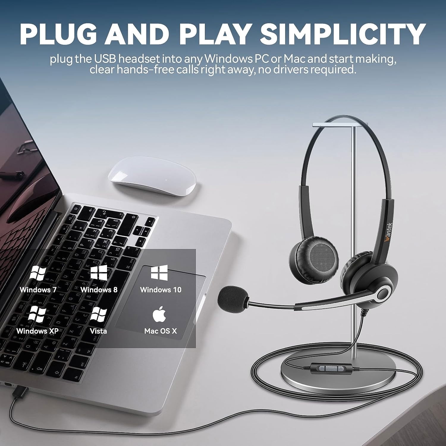 Wantek Binaural Corded USB Headsets with Noise Cancelling Mic and in-line Controls, UC Business Headset for Skype, Soft Phone, Cell Center, Crystal Clear Chat, Super Lightweight, Ultra Comfort