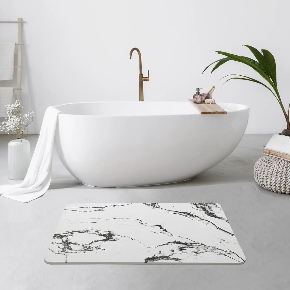 J&V TEXTILES Marble 24x15 Stone Bath Mat Diatomaceous Earth Shower Mat Non-Slip Super Absorbent Diatomite for Bathroom Floor Quick-Drying Easy to Clean White Marble