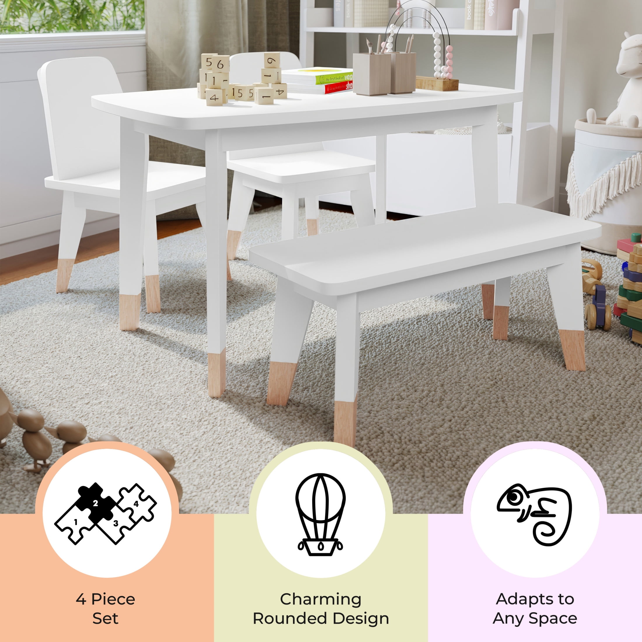 Buzz & Bloom Kids 4-Piece Wood Table, 2 Chairs, and Bench Seating Set with Rounded Corners, White/Natural