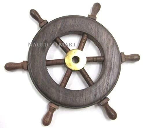24" Antique Brass Wooden Ship 6 SPOKE Nautical Vintage Wall Decor Steering Wheel 