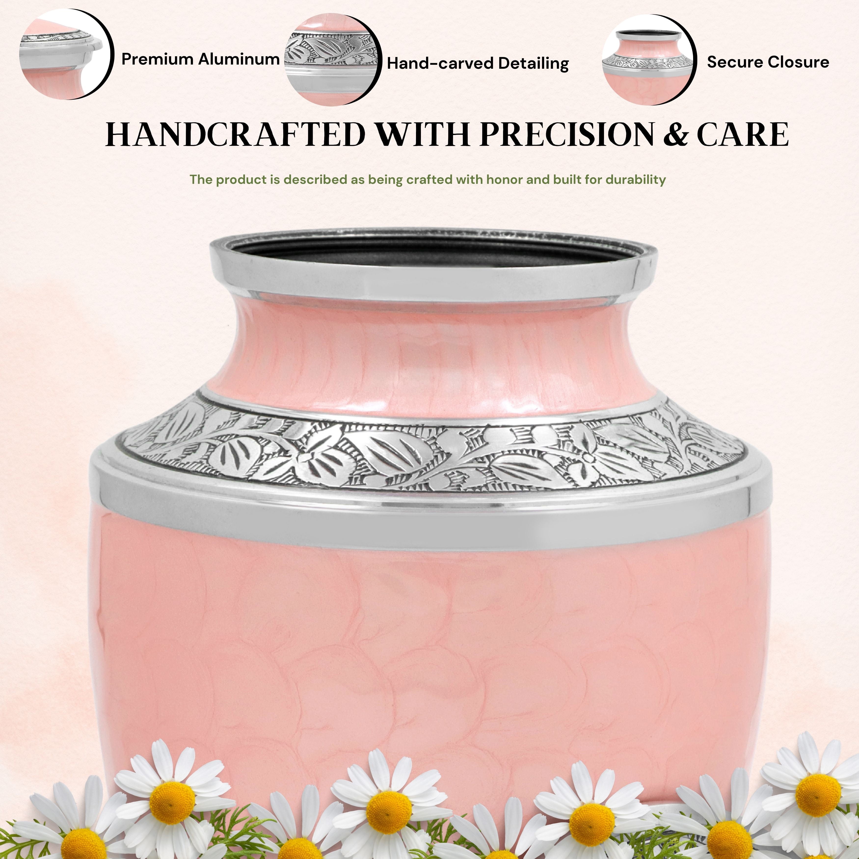 Aluminum Handcrafted Urn - Elegant Keepsake Holder for Adult Human Ashes (Powder Pink & Silver)