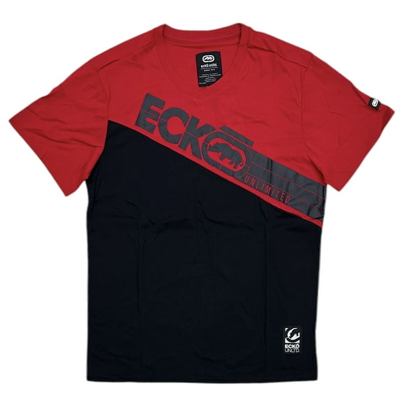 Ecko Unltd Men's V-Neck T-Shirt Puff Print Colorblock True Red/Black Tee (Medium, True Red/Black)