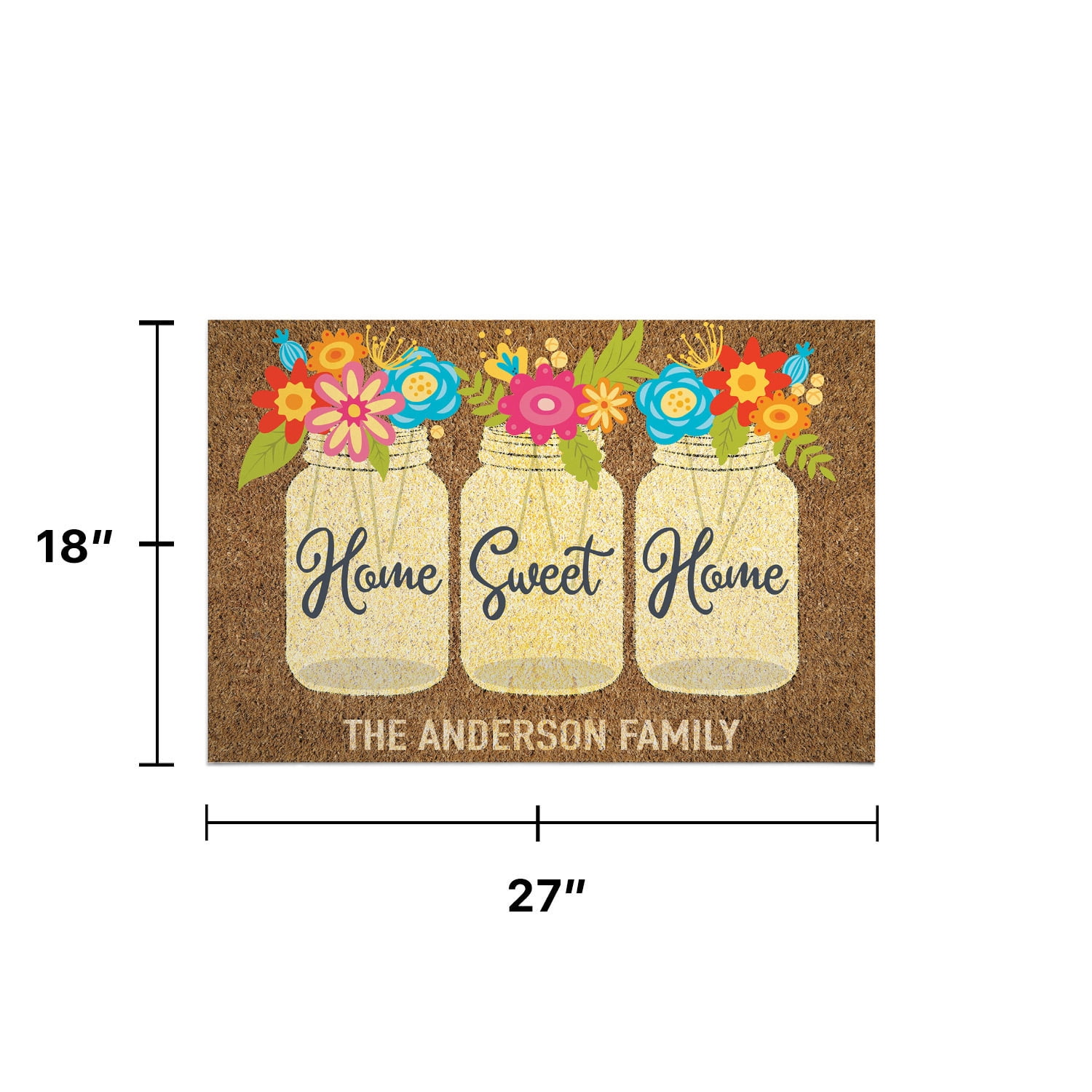 Personalized Planet 27x18 Home Sweet Home Mason Jars with Spring Flowers Doormat with Custom Family Name Printed on Brown Rectangular 1/4” Thick Non Slip Mat for Kitchen Hallway Deck or Porch