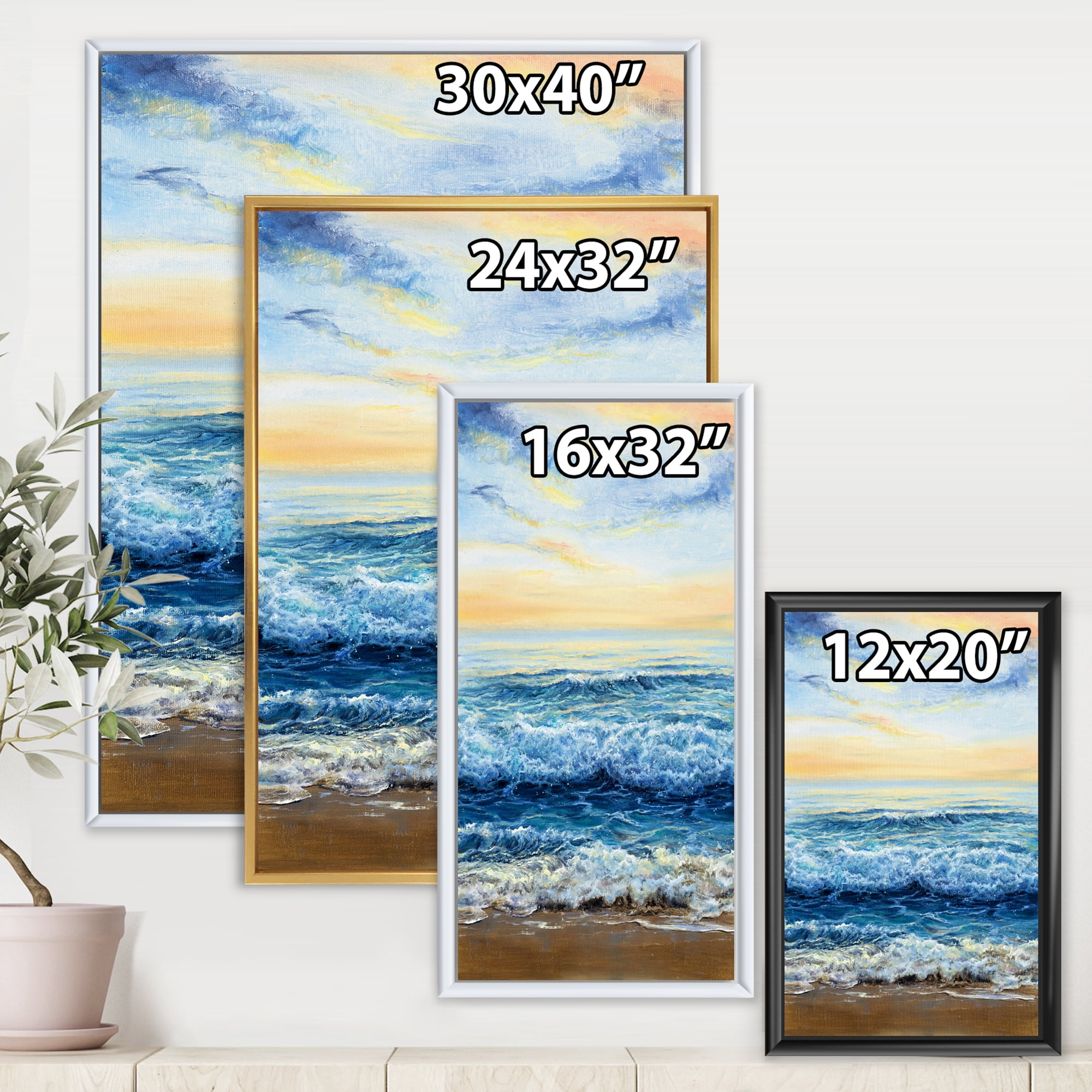 Ocean Waves At Sunrise 30 in x 40 in Framed Painting Canvas Art Print, by Designart
