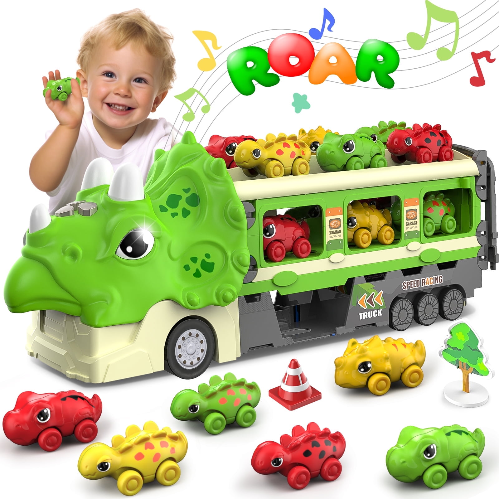 Carsky Dinosaur Truck Toys for Boys 3-5, Musical Dinosaur Truck Hauler Convert into Ejection Race Track, Truck Toy Car for Kids, Best Birthday Christmas Gift for Baby & Toddler Toys