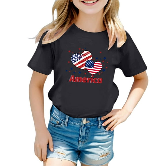 Tfken Independence Day Girls Shirt Patriotic American Heart Flag Crew Neck Short Sleeve Toddler Tee 4Th Of July Summer Cute Kids Top Black Size 18-24 Months