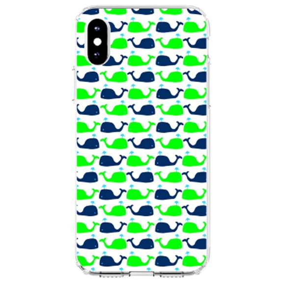 DistinctInk Clear Shockproof Hybrid Case for iPhone XS Max (6.5" Screen) - TPU Bumper, Acrylic Back, Tempered Glass Screen Protector - Green Navy Cartoon Whales - Cartoon Whales