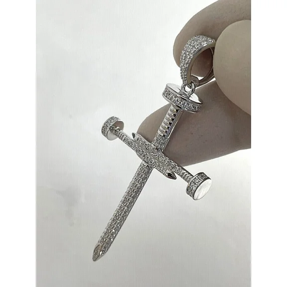 14K White Gold Plated 1.2Ct Round Cut Lab Created Diamond Nail Cross Shape Pendant