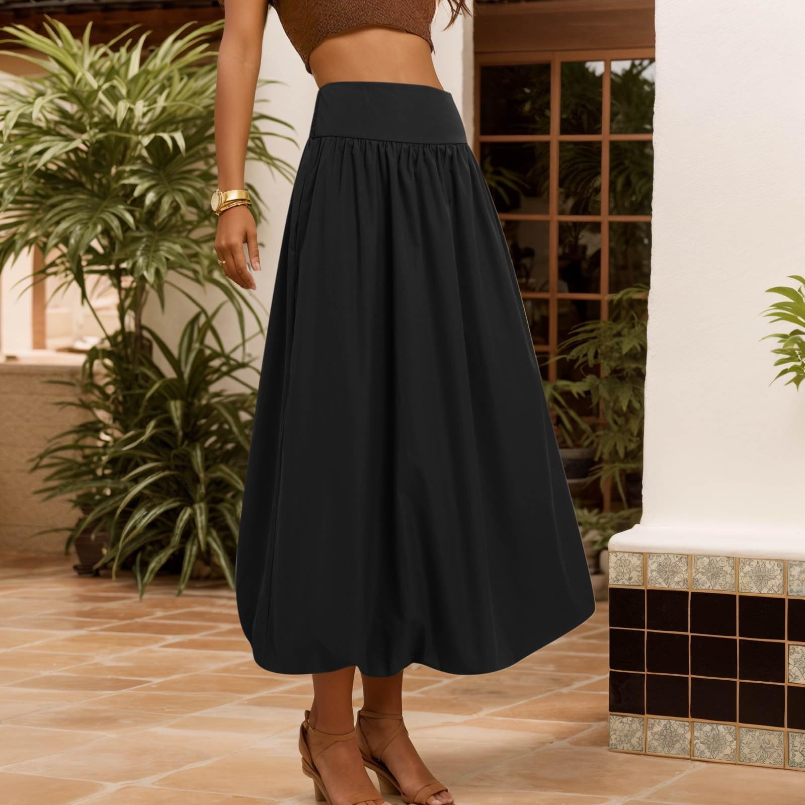 Women Bubble Maxi Skirt Summer Elastic High Waist a Line Long Skirt Casual Ruffle Pleated Midi Half Dress with Pockets Black XL