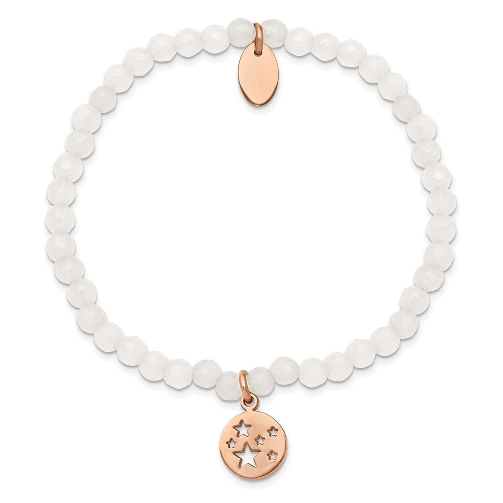 Auriga Mother's Day Gift Stainless Steel Rose IP-plated Stars 4mm White Jade Beaded Stretch Bracelet for Women