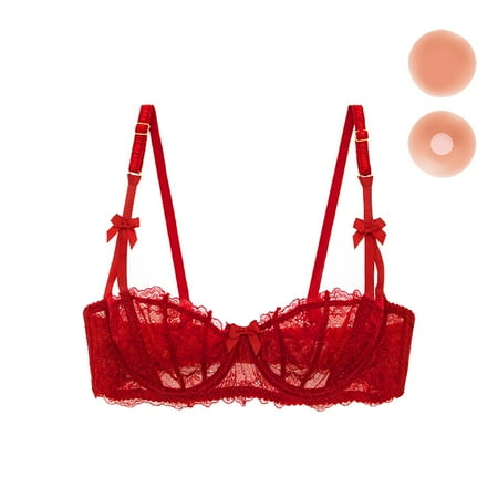 Women s Lace Unlined Balconette Demi-Cup Underwire Sheer Bra with Reusable Adhesive Cover