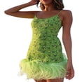 thumbnail image 1 of AMERTEER Femmes Esthétique Impression Plumes Réservoir Robe Été Spaghetti Sangle Moelleux Garniture Parti Courtes Robes Bodycon Vert S, 1 of 5