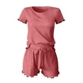 thumbnail image 4 of DYTTDG Women's Silk Short Sleeve Pajama Set | 2-Piece Ruffle Hem Top & Drawstring Shorts with Side Pocket, Solid Color Loungewear for Summer, 4 of 7