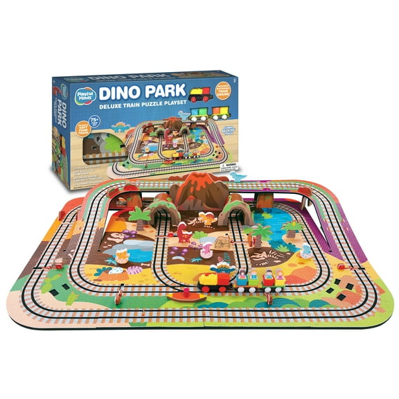 Playful Minds Dino Park Train Set – 75 Pc Foam Puzzle Track with Motorized Train for Kids Ages 3–5