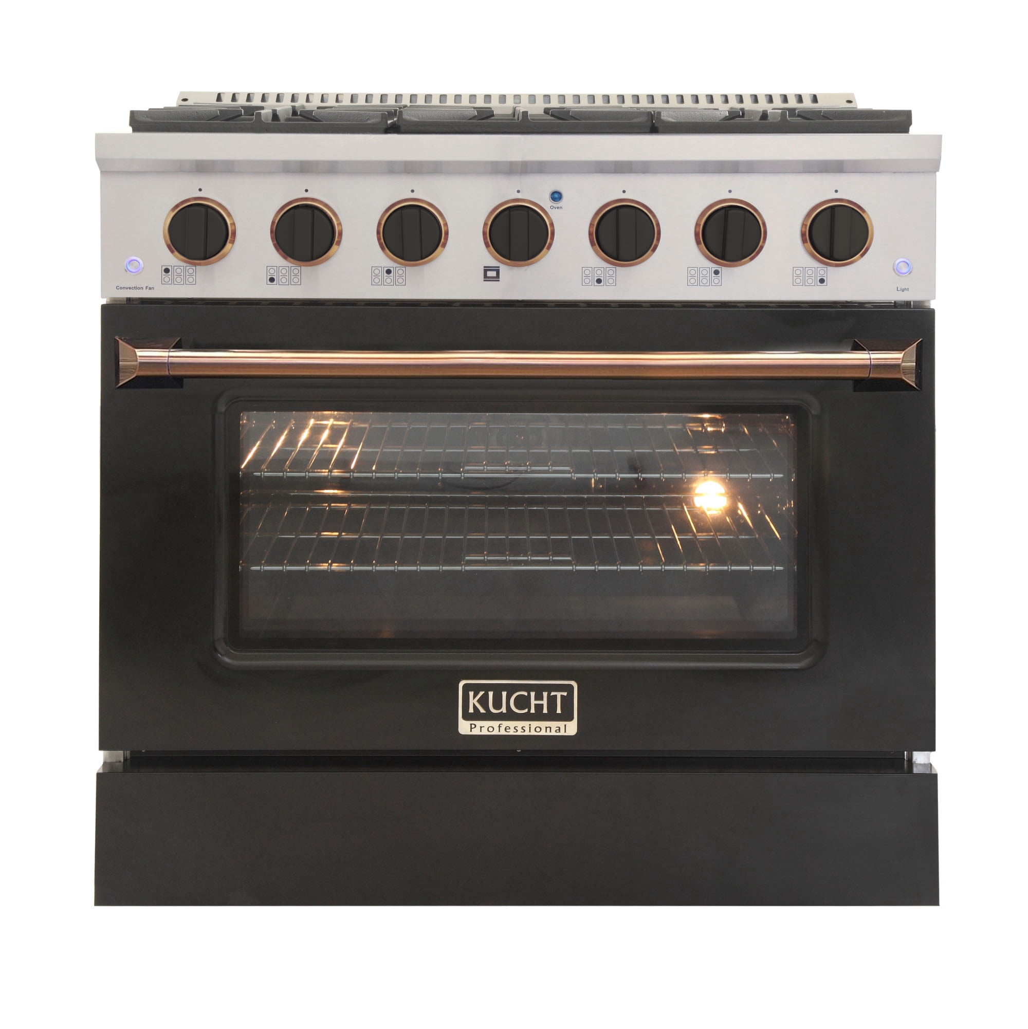 36 in. 5.2 cu. Dual Fuel Range for Natural Gas in Rose Gold Handle & Knob Rings.