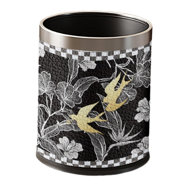 Cubo de basura redondo decorativo de doble capa con cubierta de cuero sintético para el hogar Negro con borde plateado