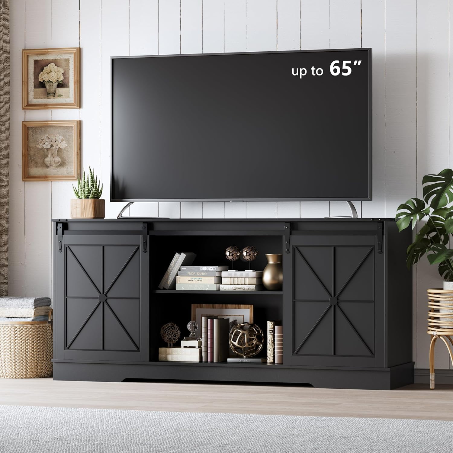 FANRAL Farmhouse TV Stand with Sliding Barn Doors,Rustic Entertainment Center for 65 Inch TV,Media Console with Storage Cabinets & Cable Holes for Living Room,Black TV Stand