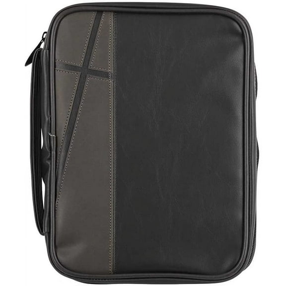 Black and Gray Cross Leather Look Bible Cover Case with Handle Large
