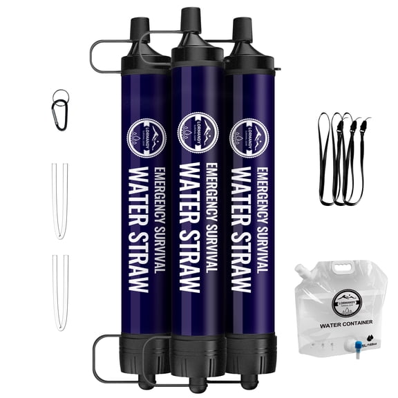 3 PACK Portable Water Filter Straw Mini Water Purifier Survival Gear for Emergencies, Hiking, Camping, Disaster Preparation-Deep Blue