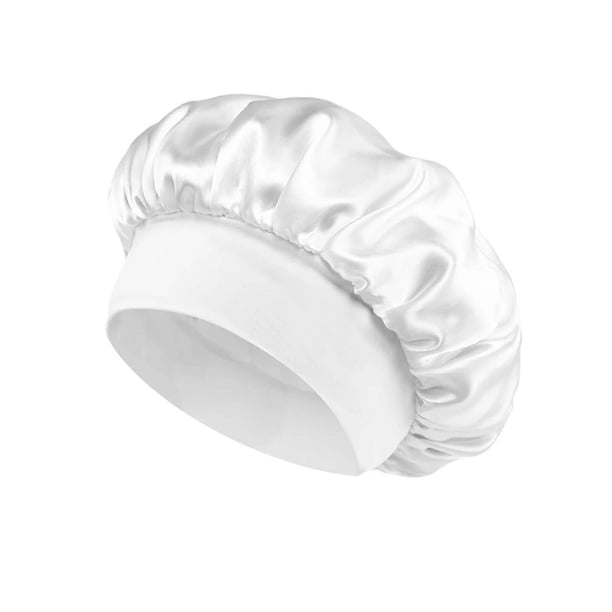 Gorro de satén blanco para dormir con banda elástica ajustable y ajuste suave y cómodo.