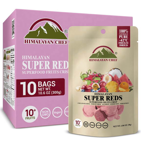 Himalayan Chef Super Reds Freeze-Dried Fruit Crisps, 30g/each 10 Pack | 10  Superfood Fruits | Healthy Snacks Packed with Multivitamins, High Fiber & Antioxidants for Energy Boost
