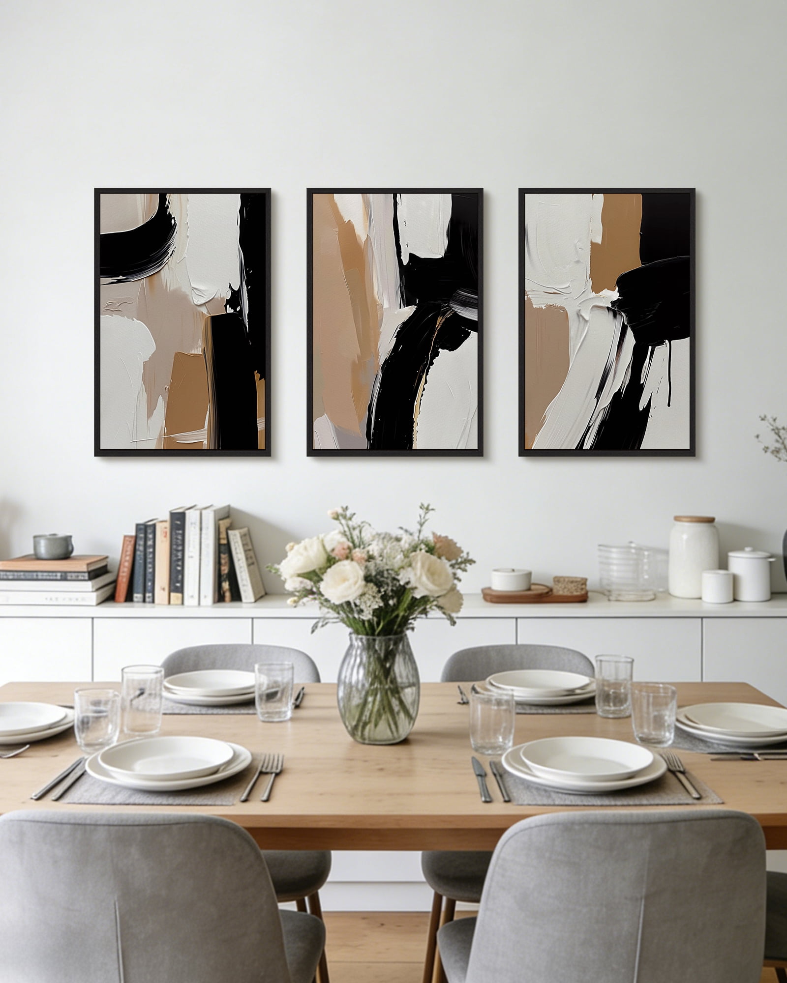 SHENIFY Large 24x36in3pcs Natural Framed Black Abstract Shapes Canvas Wall Art Minimalist Graffiti Pastel Wall Decor Modern Illustration Art Painting Home Decor