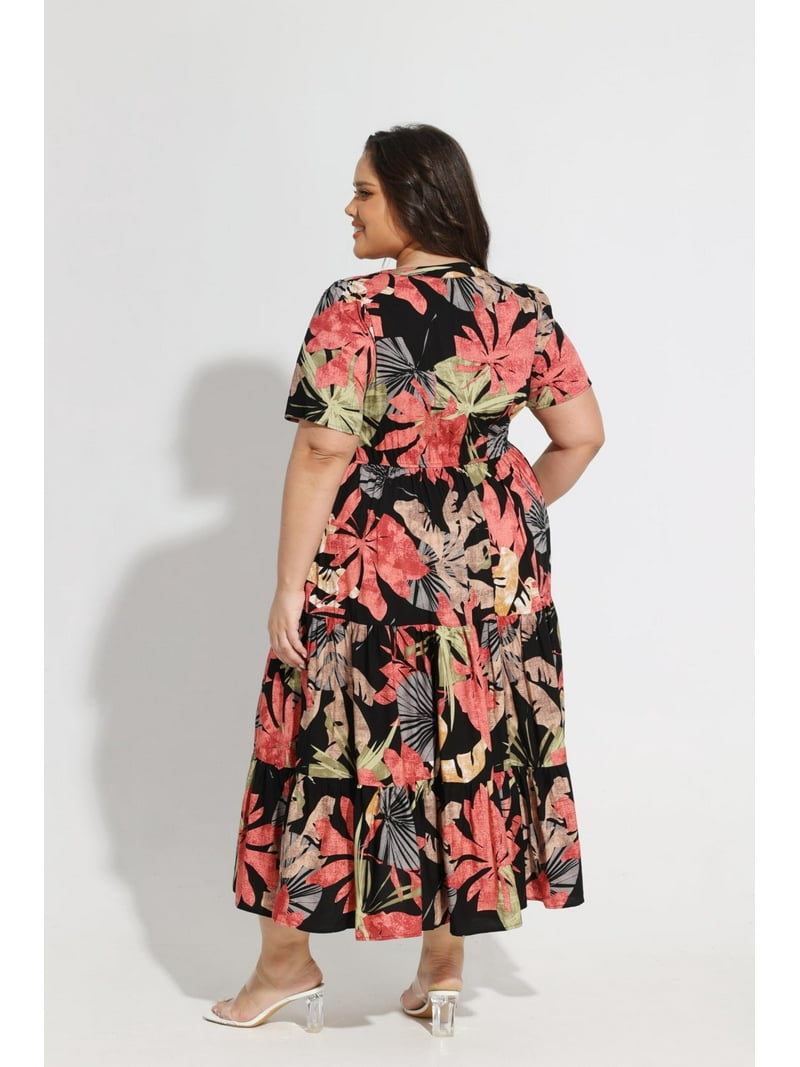 TIYOMI Women's Plus Size Dress Summer Casual Black Leaves Long Dress Short  Sleeve V Neck Dress Floral Print Dress Pleated Flowy Maxi Dress Women's Formal  Dresses 2XL 18W 20W - Walmart.com