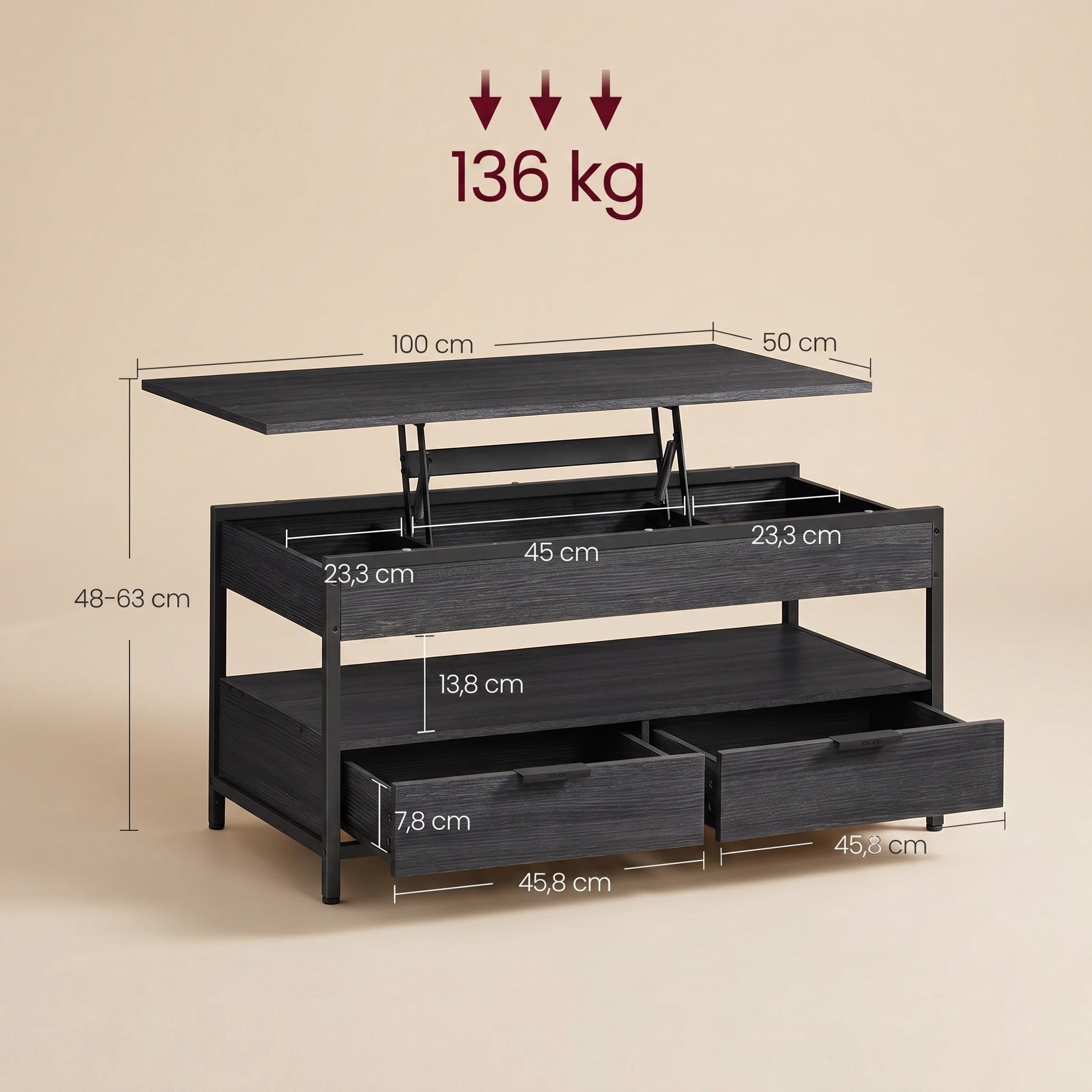 Nordic Hygge 40" Height-Adjustable Living Room Center Table with 2 Storage Drawers and Open Compartment, Anthracite Grey & Ink Black