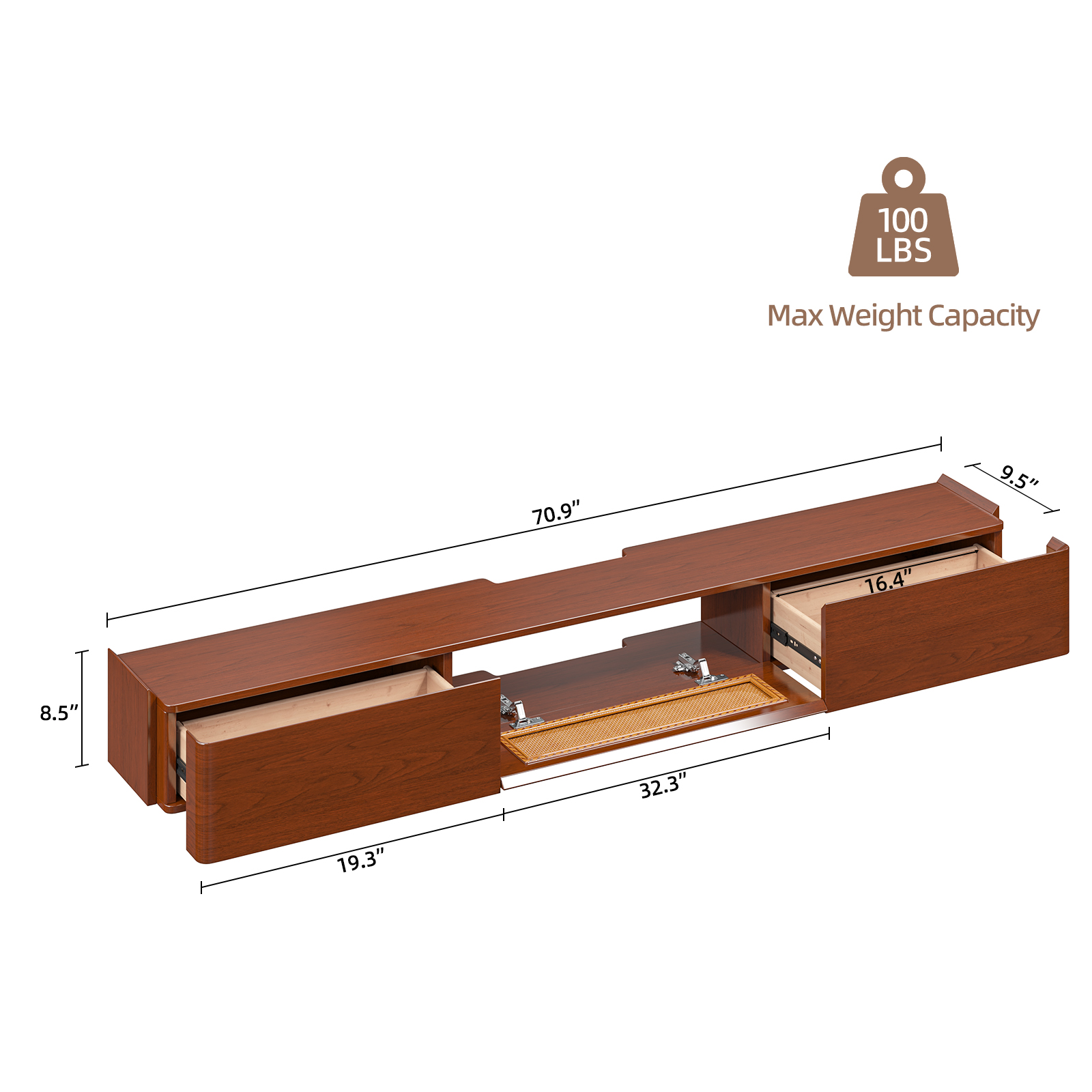 FloatiCasa 70" Fully Assembled Floating TV Stand Wall Mounted Floating Media Console with 2 Drawers and Rattan Door High Gloss Real Wood Veneer Entertainment Center for TVs up to 75"
