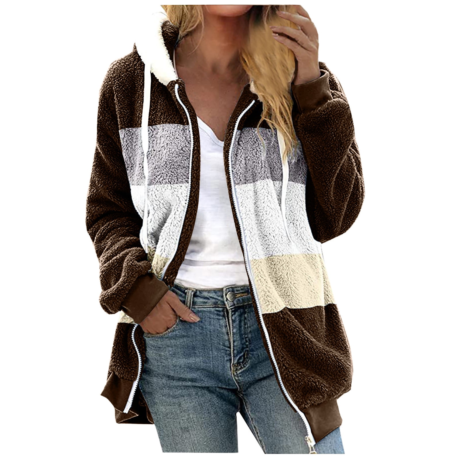 Sinpiling Womens Fleece Coats with Hooded Plus Size S-5X Full Zipper Up Jackets Casual Color Block Long Sleeve Warm Coat Winter