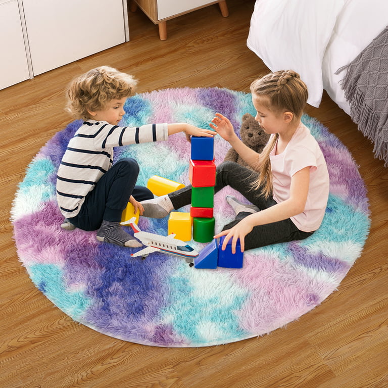 Fluffy Kids Rug for Girls Bedroom Carpets, Colorful Tie Dye Fuzzy Rugs for  Teens Dorm Shaggy Nursery Area Rug ,GreenPurple, 4x4 Feet 