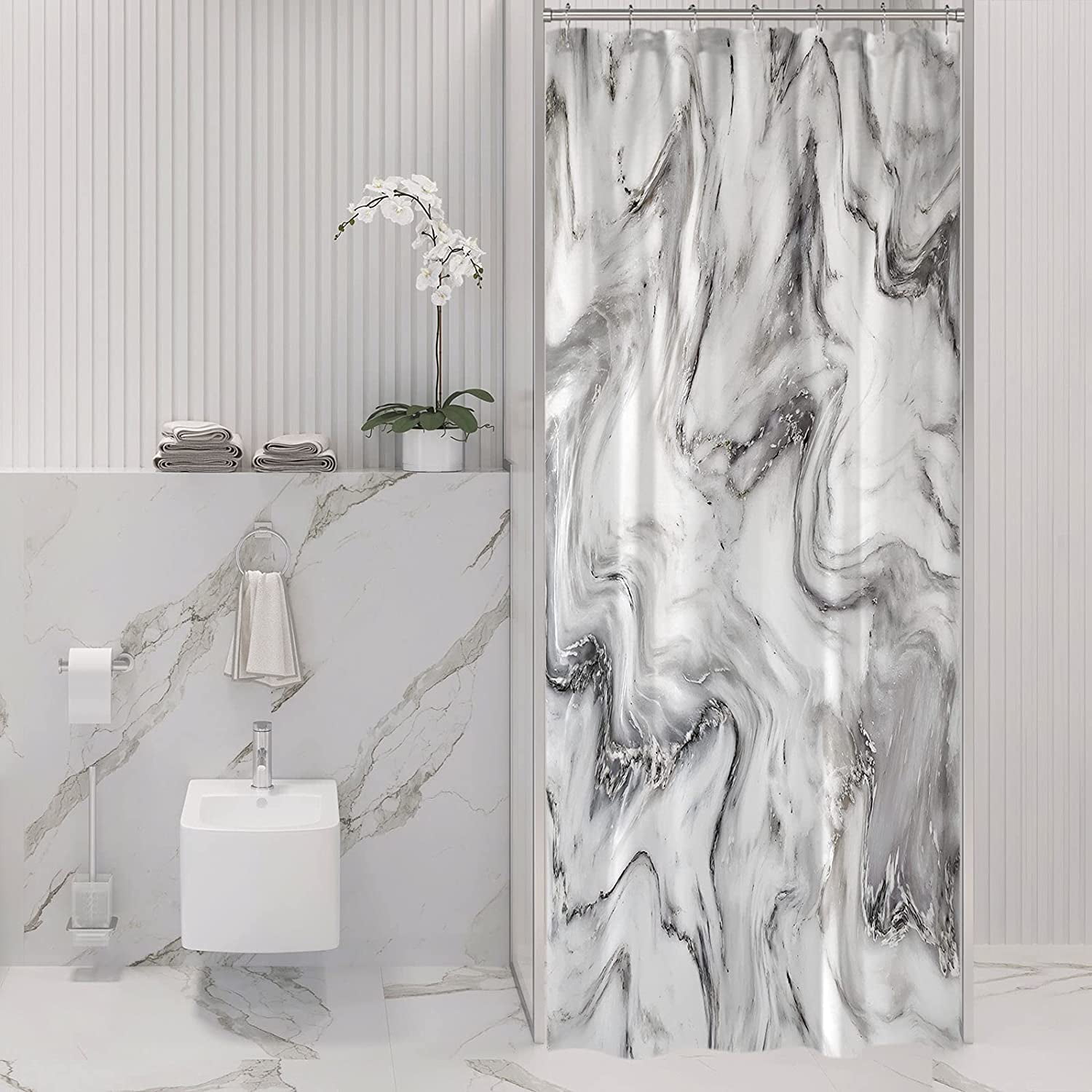 Small Stall Shower Curtain 36 x 72, Half Narrow Abstract Grey Marble