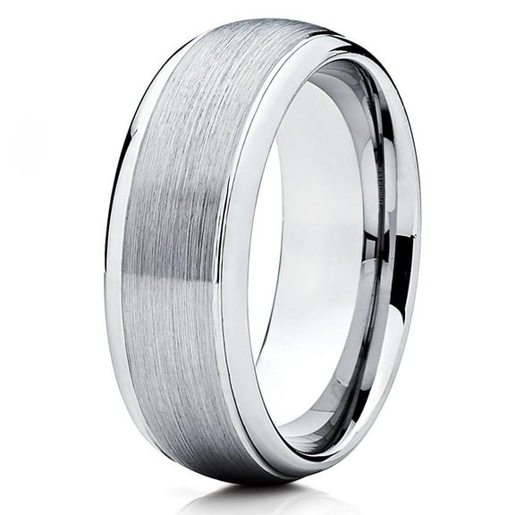 8mm Brushed Silver Tungsten Carbide Wedding Ring Polished Edges Dome Shape Classic Comfort Fit Band Mens Womens 10