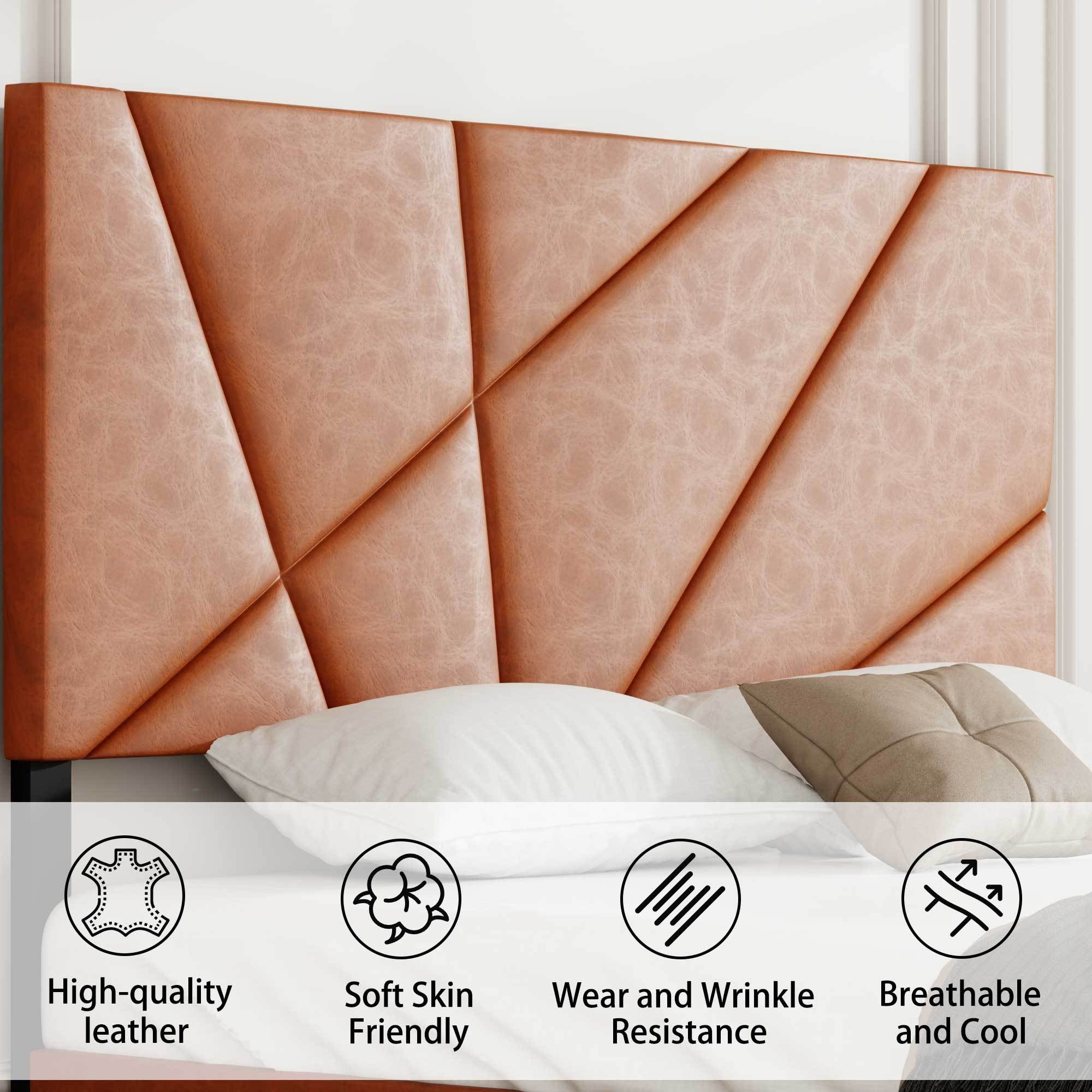 Full Size Bed Frame with Upholstered Headboard, Metal Support, No Box Spring Needed, Antique Brown