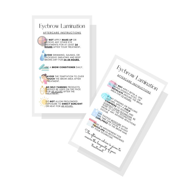 Tarjetas de instrucciones para el cuidado posterior de la laminación de cejas | Tamaño de tarjeta de visita impresa física de 2 x 3,5 pulgadas | Kit de elevación inicial con tinte en casa, suministros